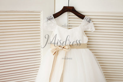 Cap Sleeves Ivory Lace Tulle Flower Girl Dress With Champagne Satin Sash - Flower Girl Dresses
