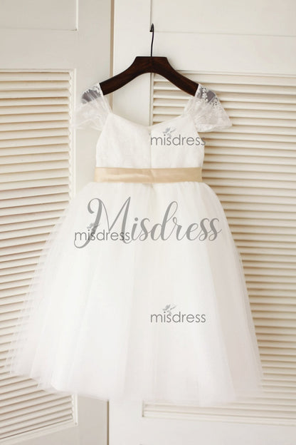Cap Sleeves Ivory Lace Tulle Flower Girl Dress With Champagne Satin Sash - Flower Girl Dresses