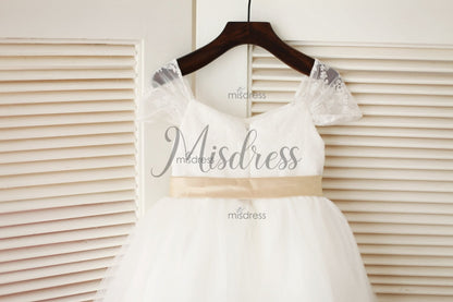 Cap Sleeves Ivory Lace Tulle Flower Girl Dress With Champagne Satin Sash - Flower Girl Dresses