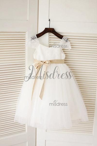 Cap Sleeves Ivory Lace Tulle Flower Girl Dress With Champagne Satin Sash - Flower Girl Dresses