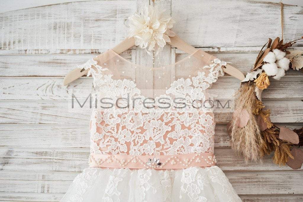Cap Sleeves Ivory Lace Tulle Hi Low Wedding Party Flower Girl Dress with V Back/Beading - Flower Girl Dresses