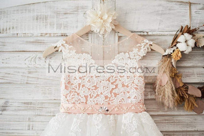 Cap Sleeves Ivory Lace Tulle Hi Low Wedding Party Flower Girl Dress with V Back/Beading - Flower Girl Dresses