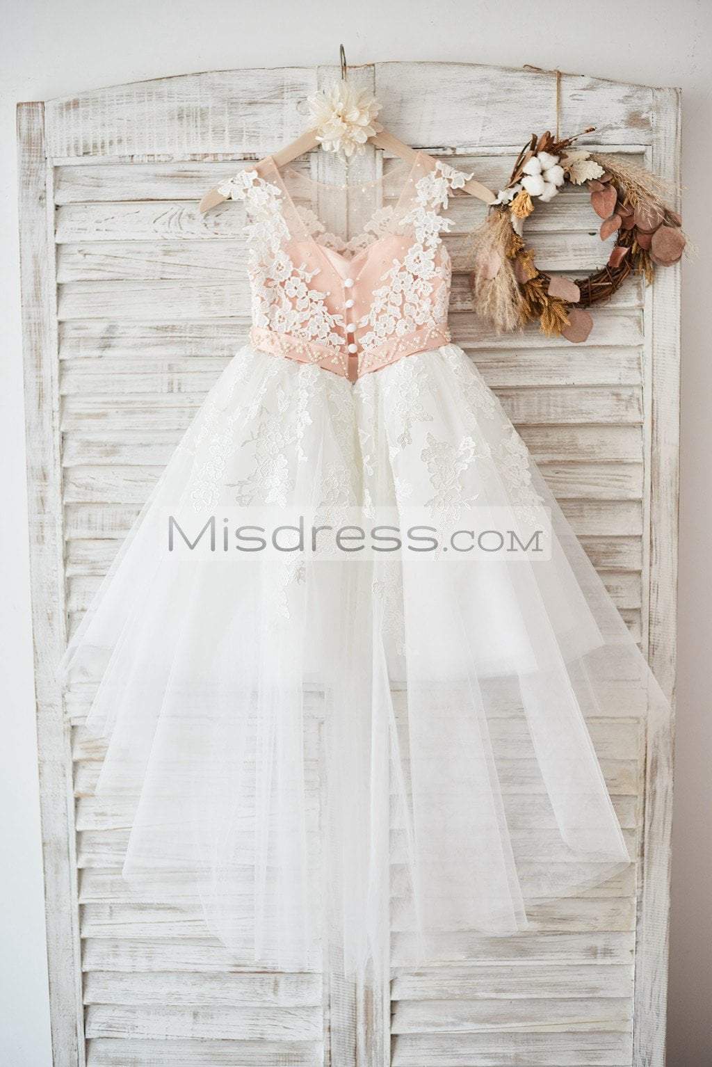 Cap Sleeves Ivory Lace Tulle Hi Low Wedding Party Flower Girl Dress with V Back/Beading - Flower Girl Dresses