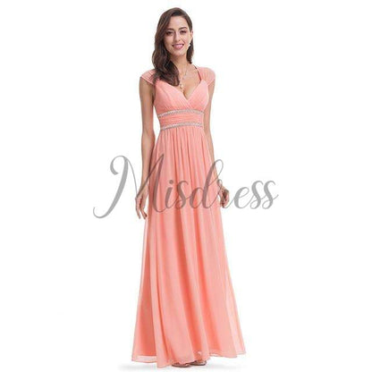Cap Sleeves Keyhole Back Chiffon Wedding Bridesmaid Evening Prom Dress - Prom Dresses