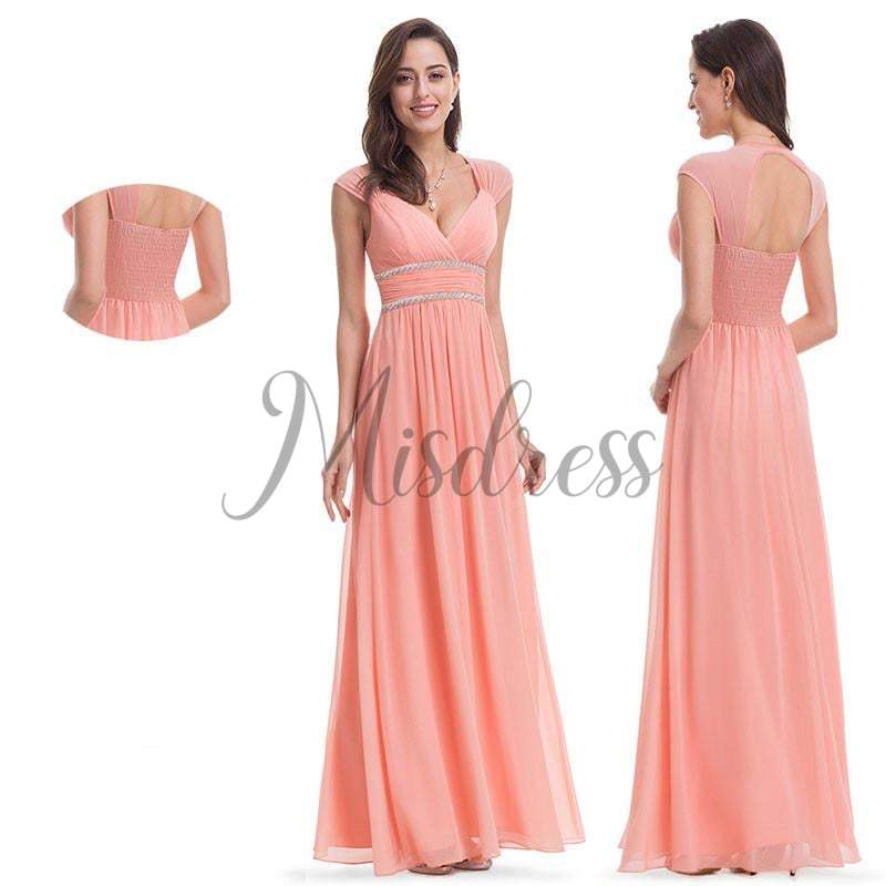 Cap Sleeves Keyhole Back Chiffon Wedding Bridesmaid Evening Prom Dress - Prom Dresses