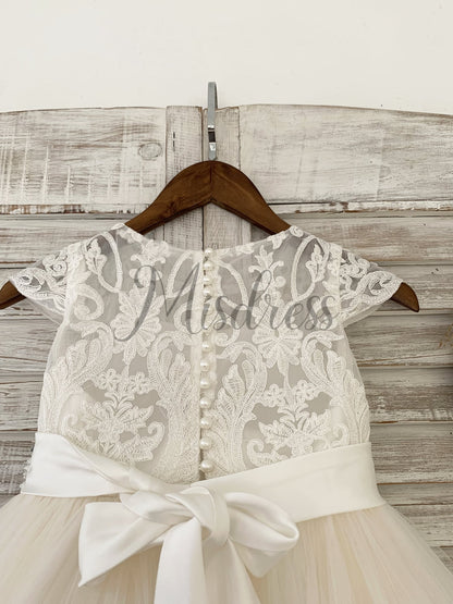 Cap Sleeves Lace Champagne Tulle Wedding Flower Girl Dress Kids Party Dress with Beaded Belt