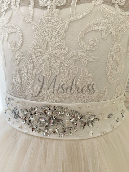 Cap Sleeves Lace Champagne Tulle Wedding Flower Girl Dress Kids Party Dress with Beaded Belt