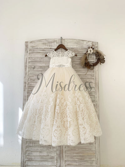 Cap Sleeves Lace Champagne Tulle Wedding Flower Girl Dress Kids Party Dress with Beaded Belt