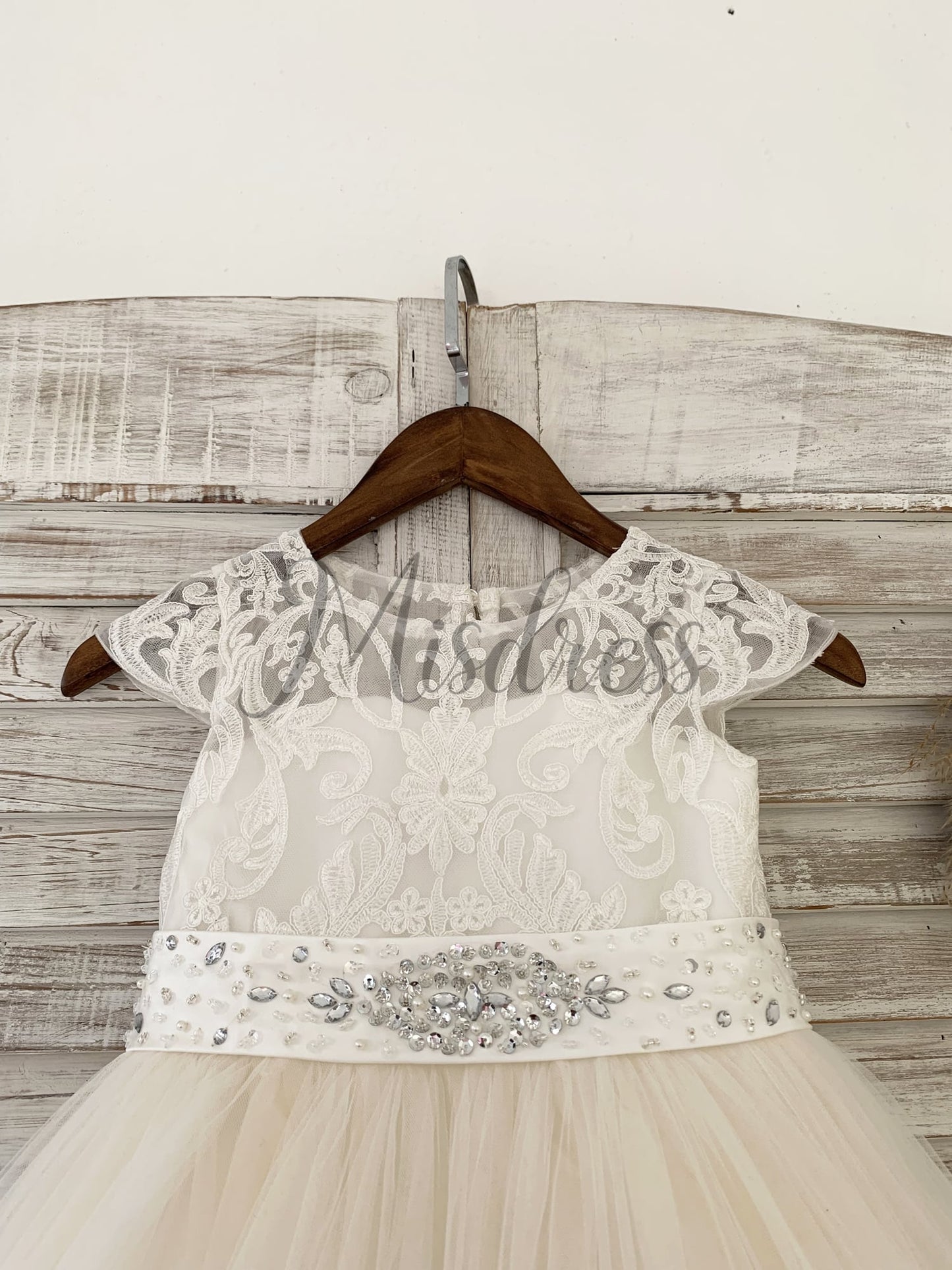 Cap Sleeves Lace Champagne Tulle Wedding Flower Girl Dress Kids Party Dress with Beaded Belt