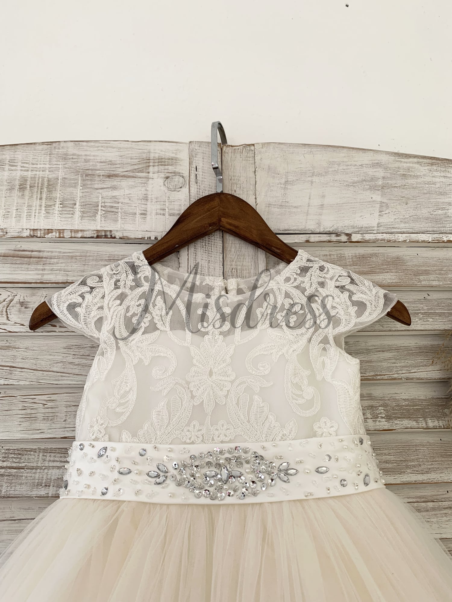 Cap Sleeves Lace Champagne Tulle Wedding Flower Girl Dress Kids Party Dress with Beaded Belt