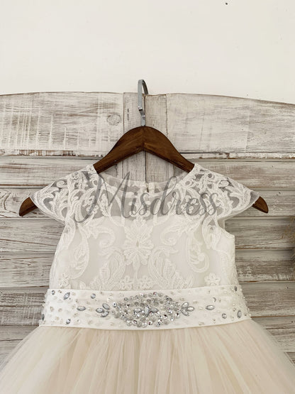 Cap Sleeves Lace Champagne Tulle Wedding Flower Girl Dress Kids Party Dress with Beaded Belt