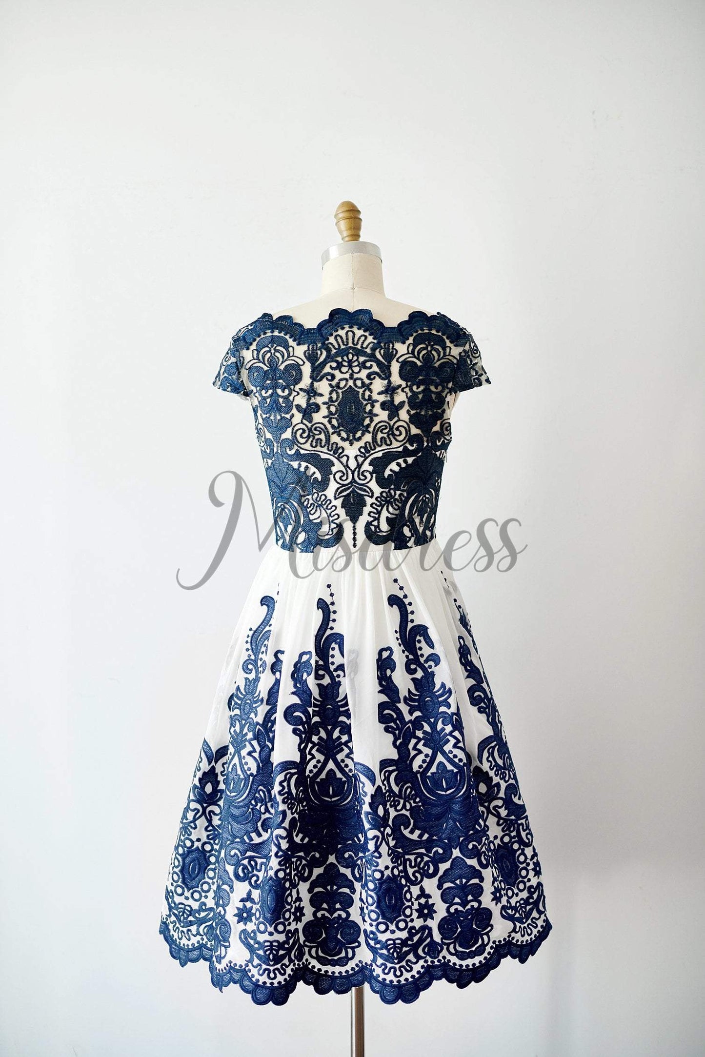 Cap Sleeves Navy Blue Lace Chiffon Wedding Bridesmaid Dress Evening Dress In Tea Length - Bridesmaid Dresses