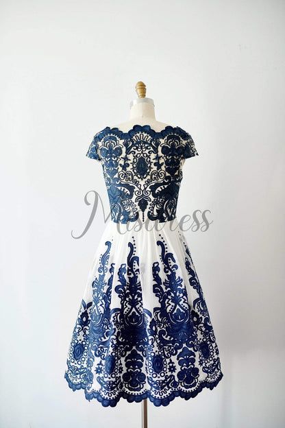 Cap Sleeves Navy Blue Lace Chiffon Wedding Bridesmaid Dress Evening Dress In Tea Length - Bridesmaid Dresses