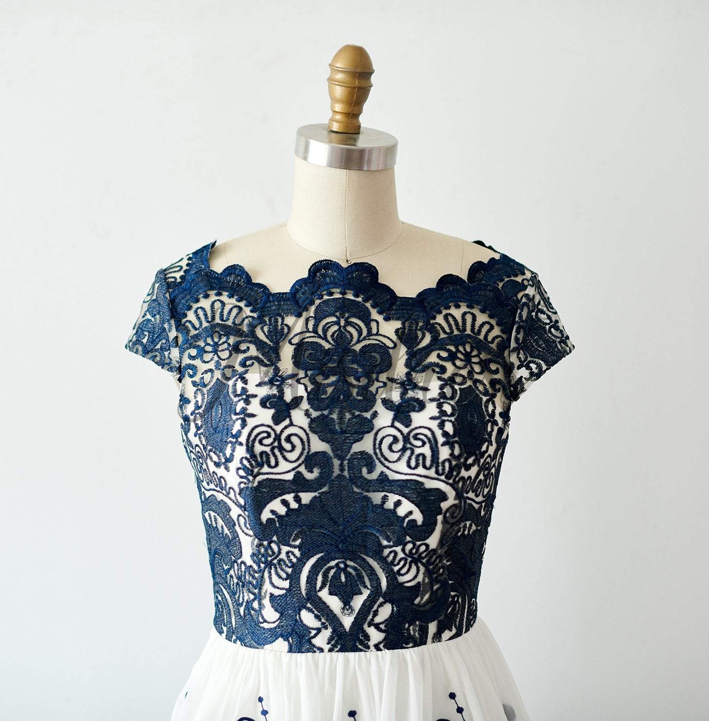 Cap Sleeves Navy Blue Lace Chiffon Wedding Bridesmaid Dress Evening Dress In Tea Length - Bridesmaid Dresses