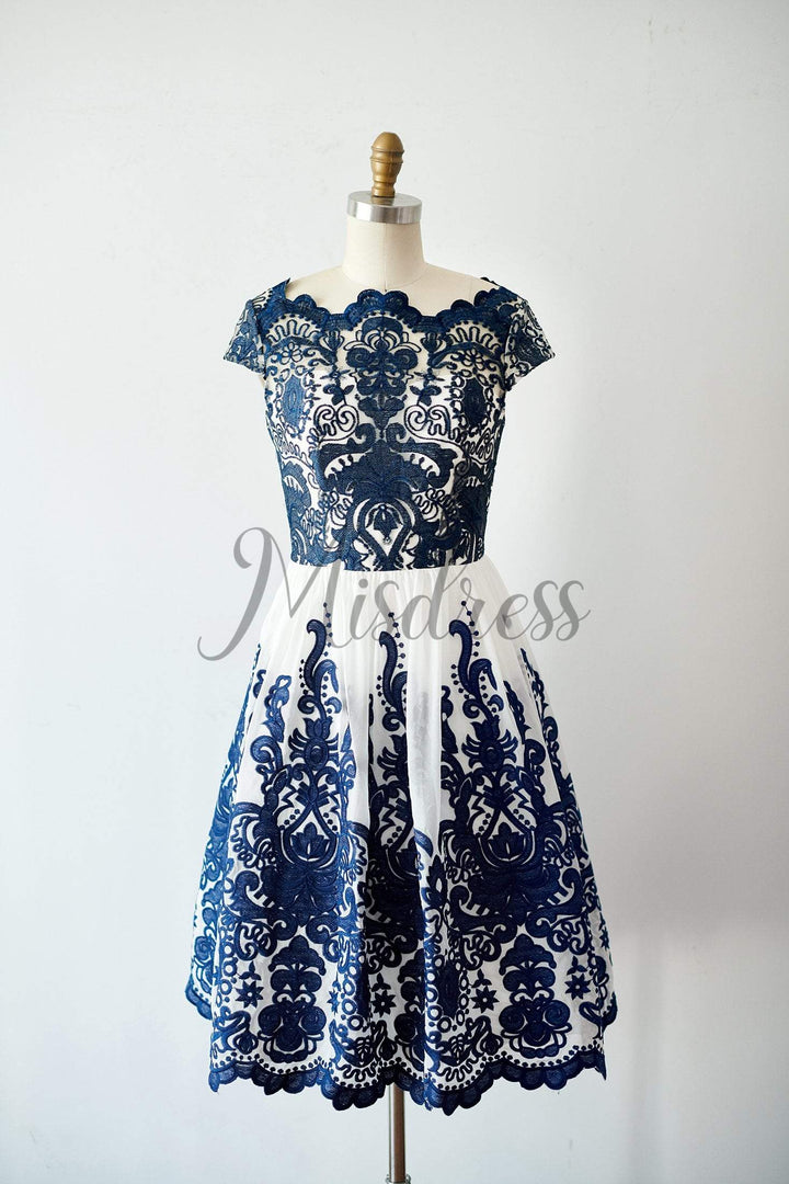 Cap Sleeves Navy Blue Lace Chiffon Wedding Bridesmaid Dress Evening Dress In Tea Length - Bridesmaid Dresses