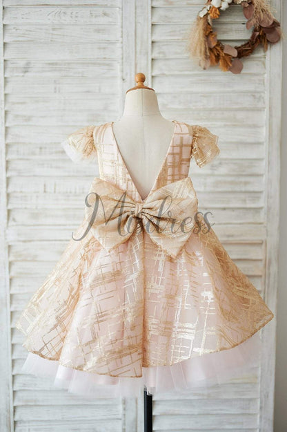 Princess Cap Sleeves V Back Pink Tulle Champagne Sequin Wedding Flower Girl Dress - Flower Girl Dresses