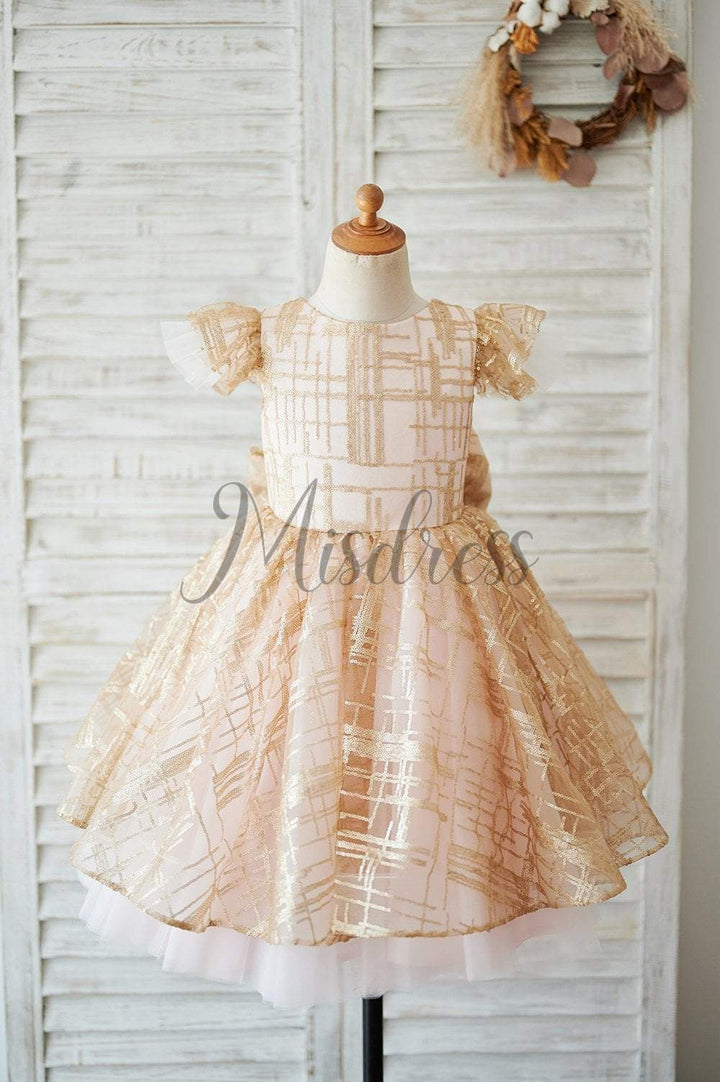 Princess Cap Sleeves V Back Pink Tulle Champagne Sequin Wedding Flower Girl Dress - Flower Girl Dresses