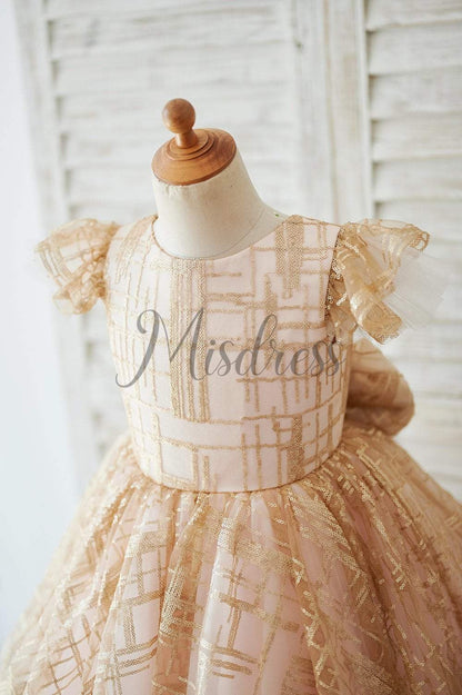 Princess Cap Sleeves V Back Pink Tulle Champagne Sequin Wedding Flower Girl Dress - Flower Girl Dresses