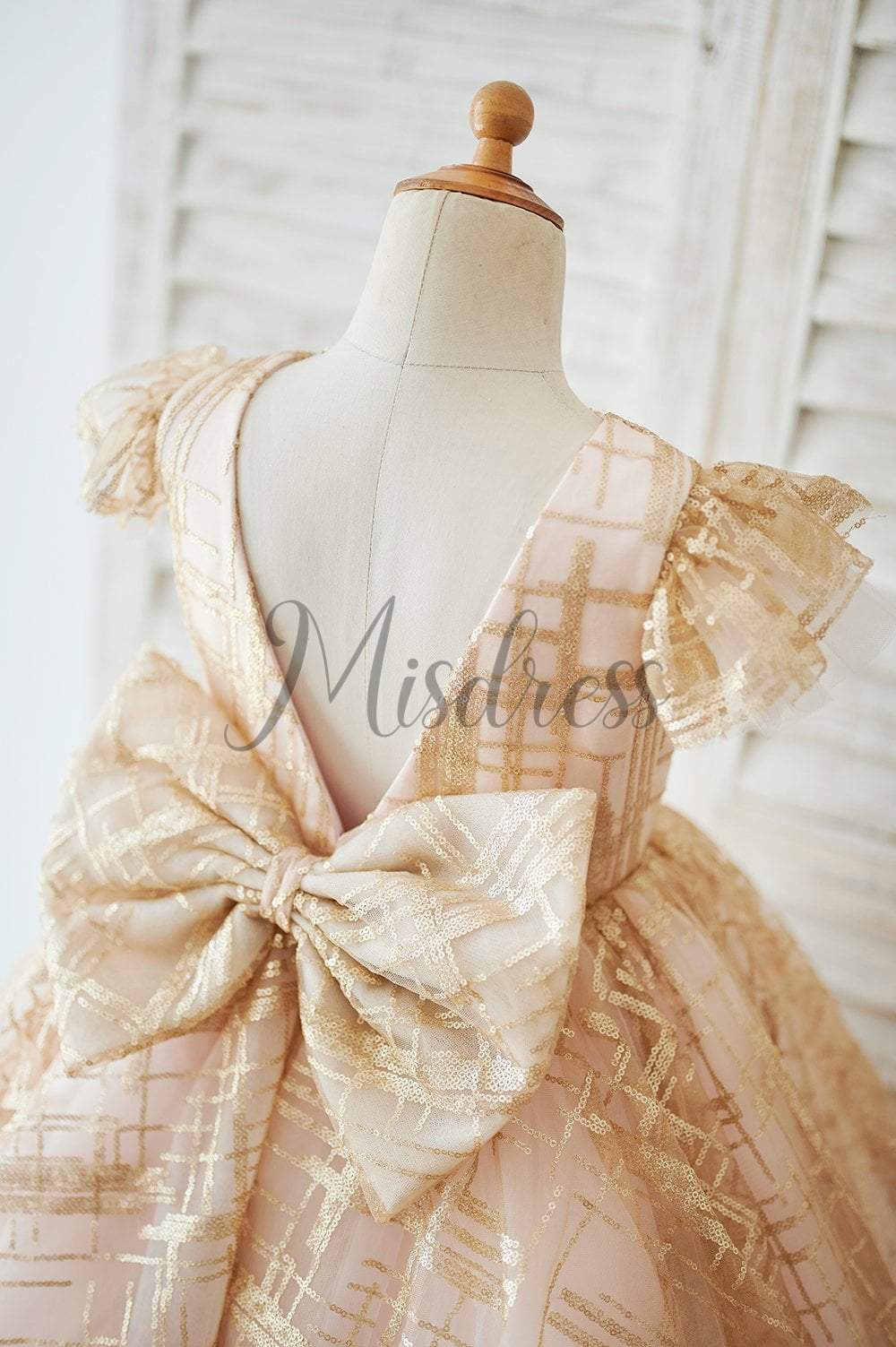 Princess Cap Sleeves V Back Pink Tulle Champagne Sequin Wedding Flower Girl Dress - Flower Girl Dresses