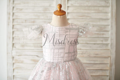 Princess Cap Sleeves V Back Pink Tulle Silver Sequin Wedding Flower Girl Dress - Flower Girl Dresses