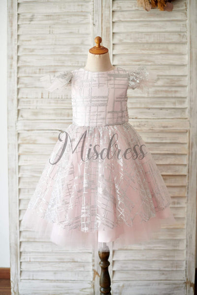 Princess Cap Sleeves V Back Pink Tulle Silver Sequin Wedding Flower Girl Dress - Flower Girl Dresses