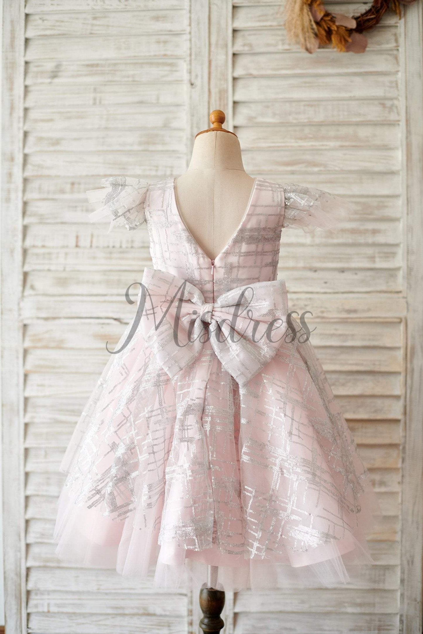 Princess Cap Sleeves V Back Pink Tulle Silver Sequin Wedding Flower Girl Dress - Flower Girl Dresses