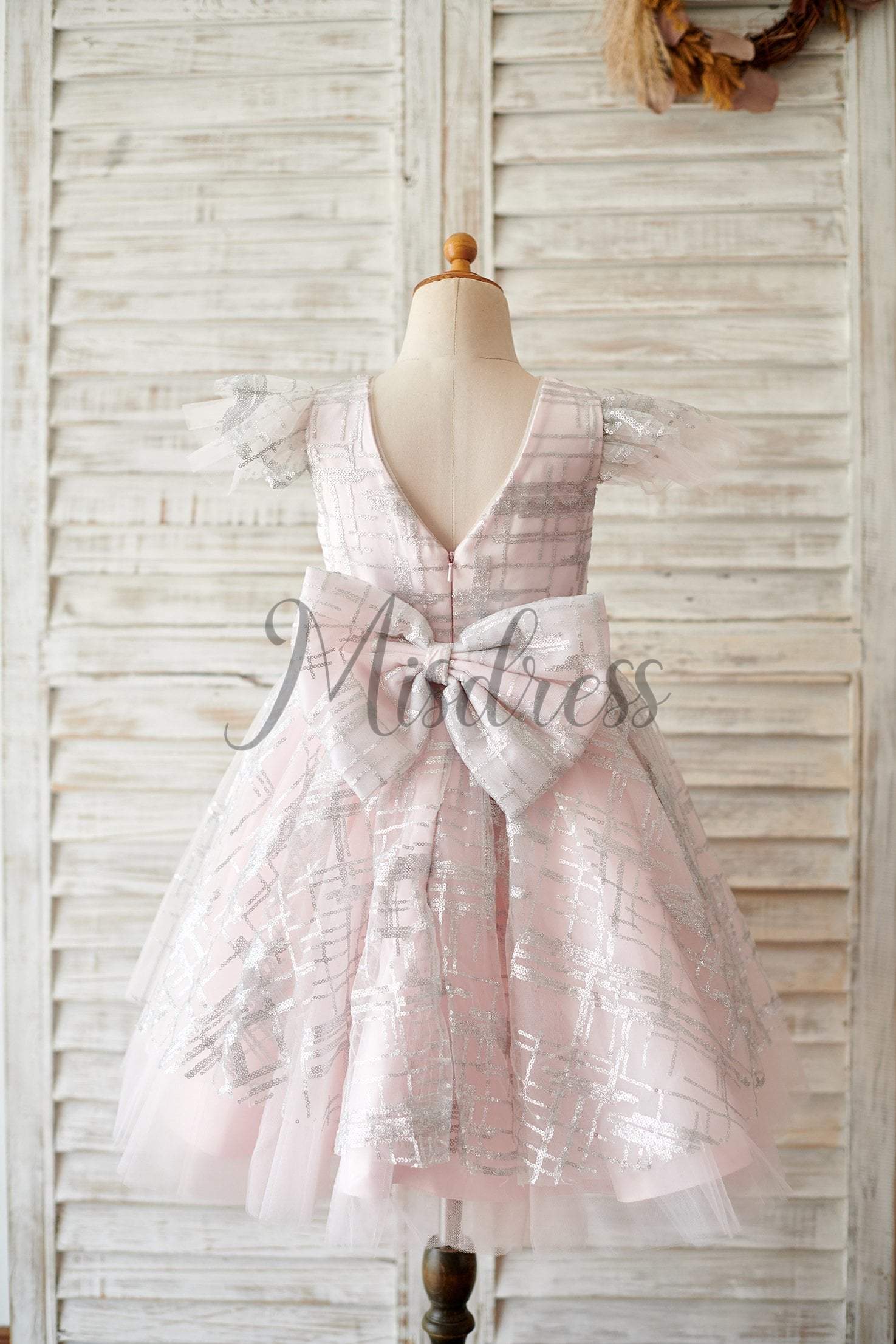 Princess Cap Sleeves V Back Pink Tulle Silver Sequin Wedding Flower Girl Dress - Flower Girl Dresses