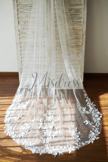 Cathedral Long Tulle 3D Flowers Wedding Veil Bridal Veil - Flower Girl Dresses