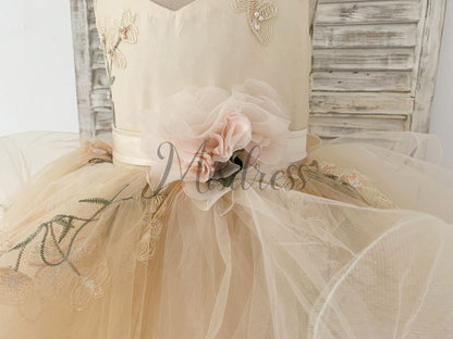 Champagne Embroidery Lace Tulle Keyhole Back Wedding Flower Girl Dress Kids Party Dress