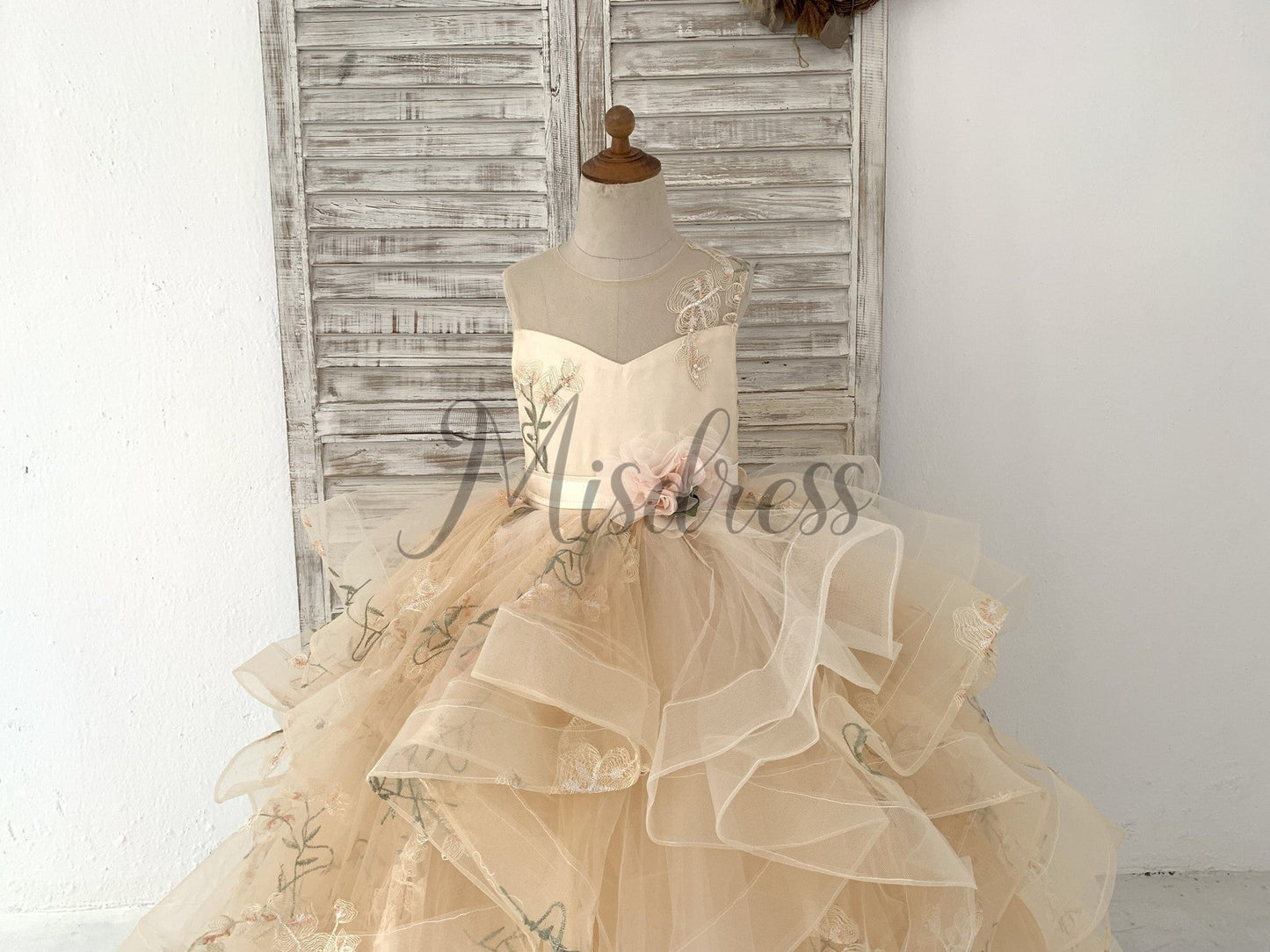 Champagne Embroidery Lace Tulle Keyhole Back Wedding Flower Girl Dress Kids Party Dress