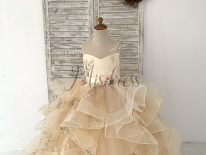 Champagne Embroidery Lace Tulle Keyhole Back Wedding Flower Girl Dress Kids Party Dress