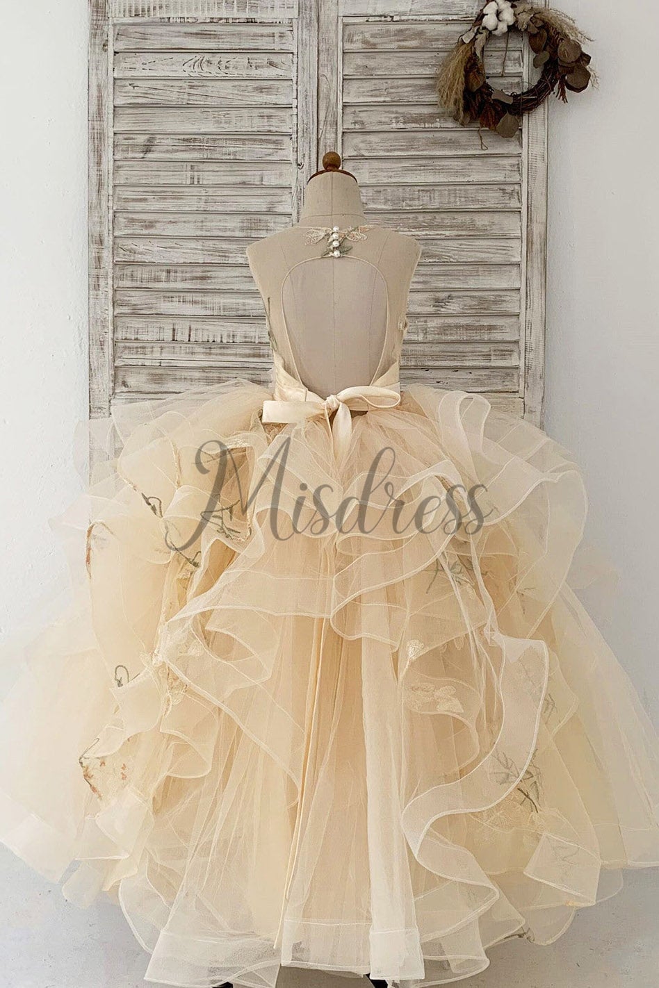 Champagne Embroidery Lace Tulle Keyhole Back Wedding Flower Girl Dress Kids Party Dress
