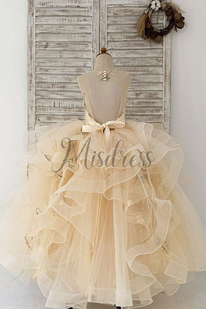 Champagne Embroidery Lace Tulle Keyhole Back Wedding Flower Girl Dress Kids Party Dress
