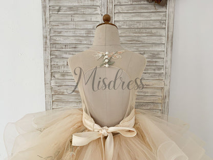 Champagne Embroidery Lace Tulle Keyhole Back Wedding Flower Girl Dress Kids Party Dress