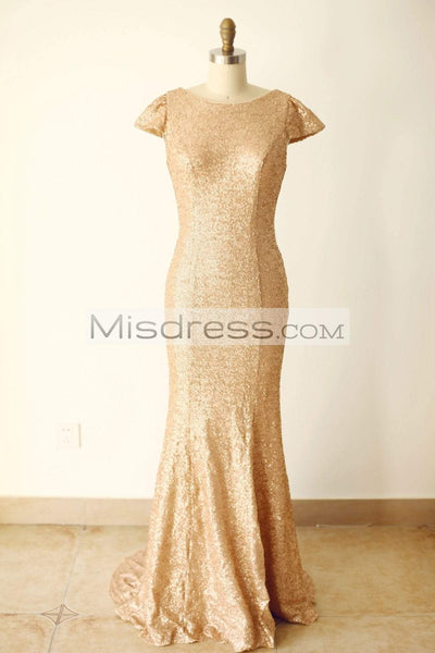 Champagne Gold Sequin V Back Long Wedding Bridesmaid Dress - Bridesmaid Dresses