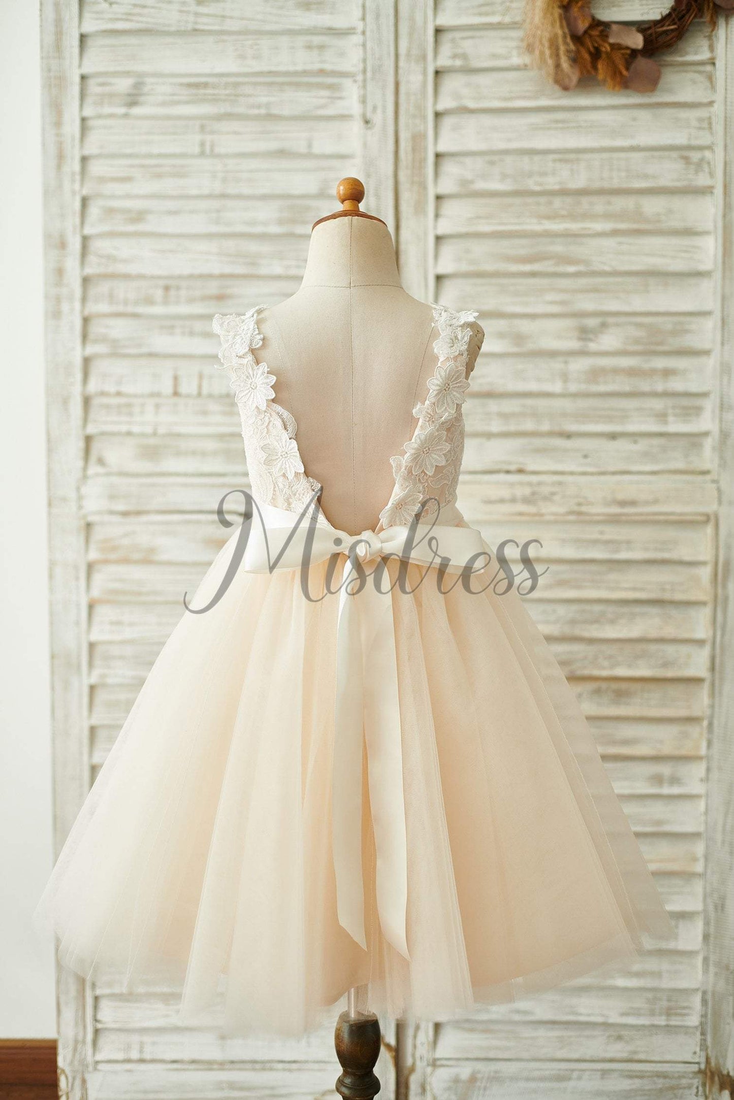 Champagne Lace Tulle Deep V Back Wedding Party Flower Girl Dress With Belt - Flower Girl Dresses
