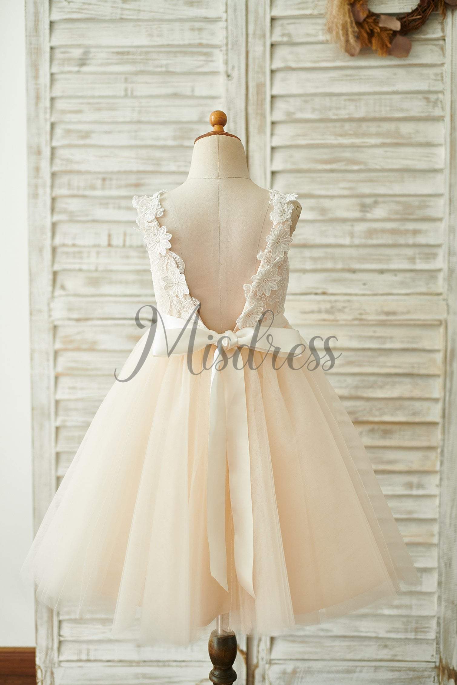 Champagne Lace Tulle Deep V Back Wedding Party Flower Girl Dress With Belt - Flower Girl Dresses