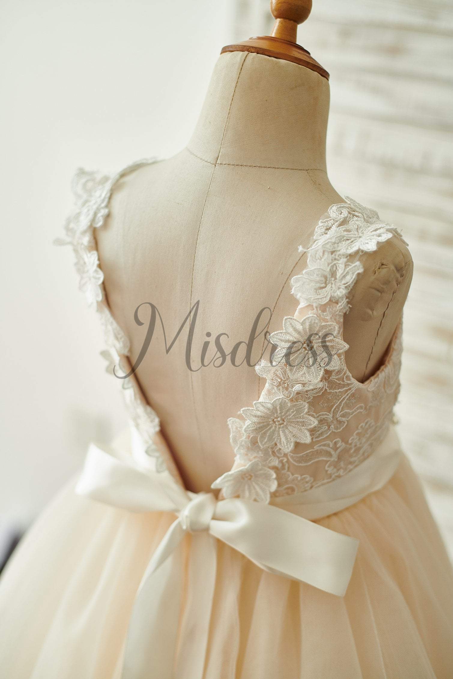 Champagne Lace Tulle Deep V Back Wedding Party Flower Girl Dress With Belt - Flower Girl Dresses
