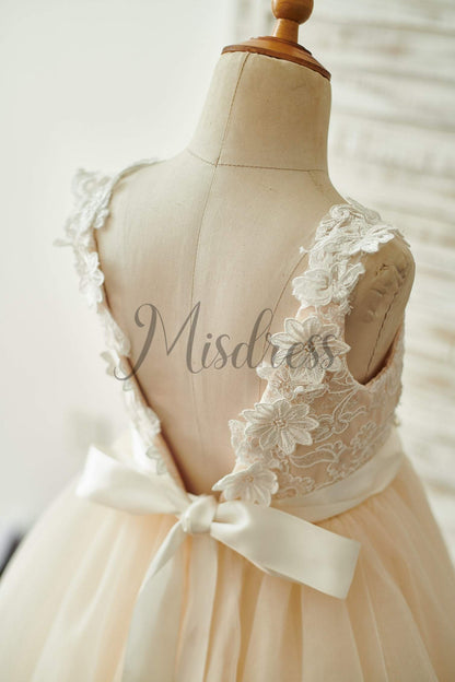 Champagne Lace Tulle Deep V Back Wedding Party Flower Girl Dress With Belt - Flower Girl Dresses