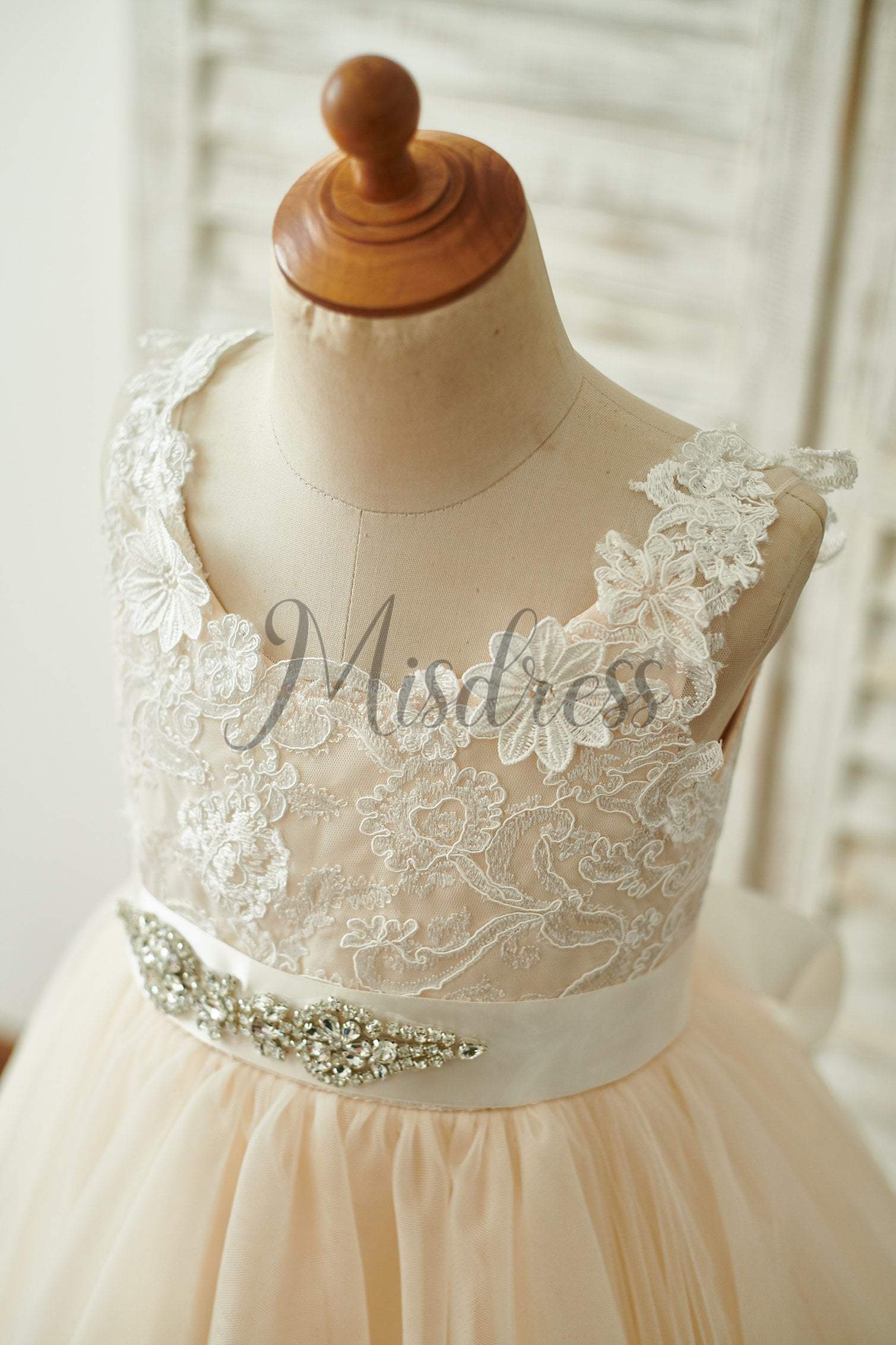 Champagne Lace Tulle Deep V Back Wedding Party Flower Girl Dress With Belt - Flower Girl Dresses
