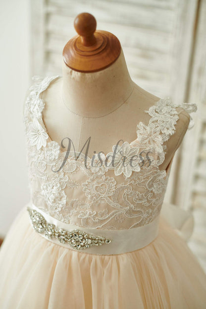 Champagne Lace Tulle Deep V Back Wedding Party Flower Girl Dress With Belt - Flower Girl Dresses