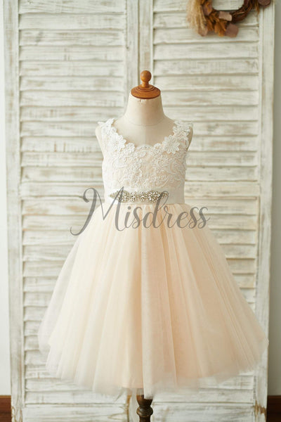 Champagne Lace Tulle Deep V Back Wedding Party Flower Girl Dress With Belt - Flower Girl Dresses