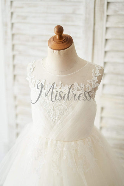 Champagne Lace Tulle Keyhole Back Wedding Flower Girl Dress - Flower Girl Dresses