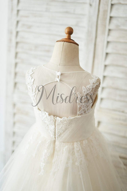 Champagne Lace Tulle Keyhole Back Wedding Flower Girl Dress - Flower Girl Dresses