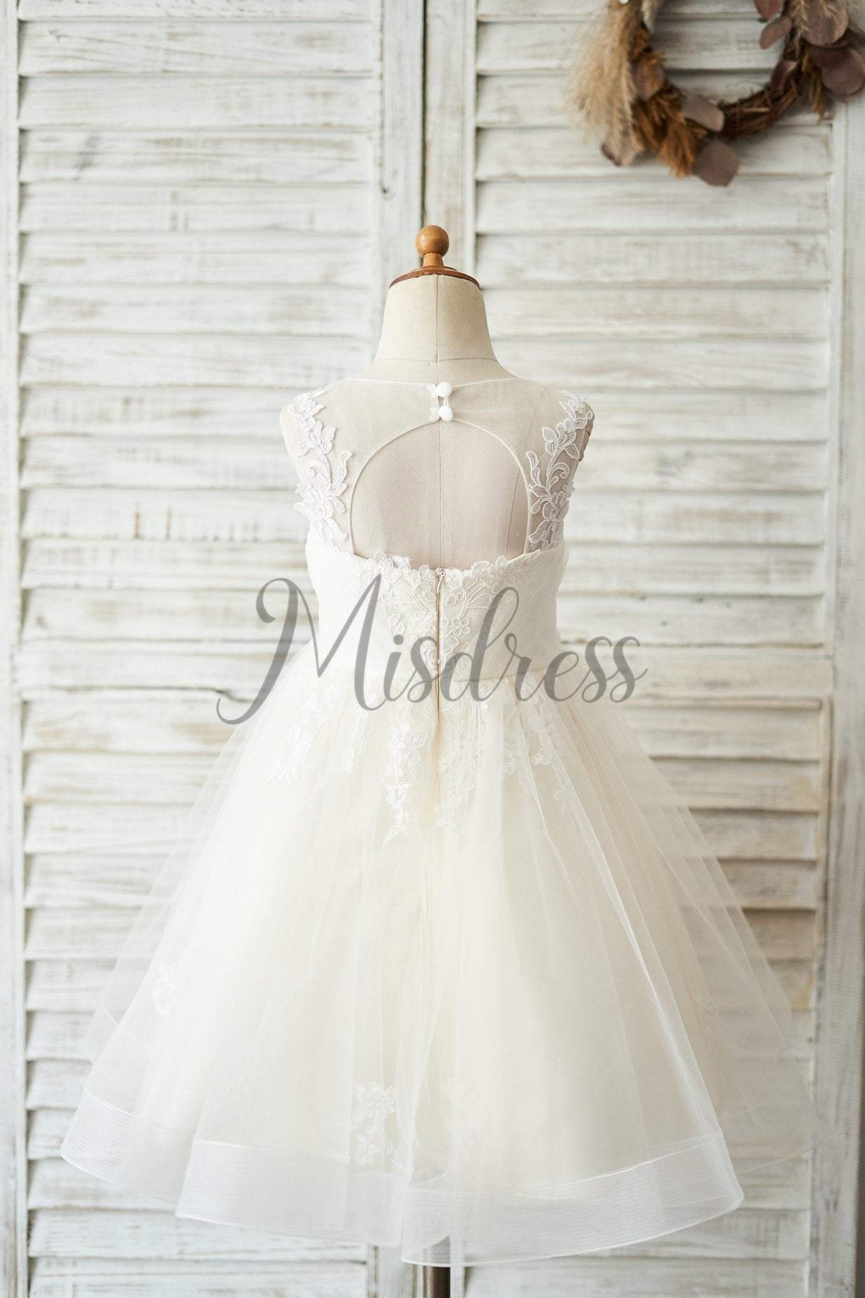Champagne Lace Tulle Keyhole Back Wedding Flower Girl Dress - Flower Girl Dresses