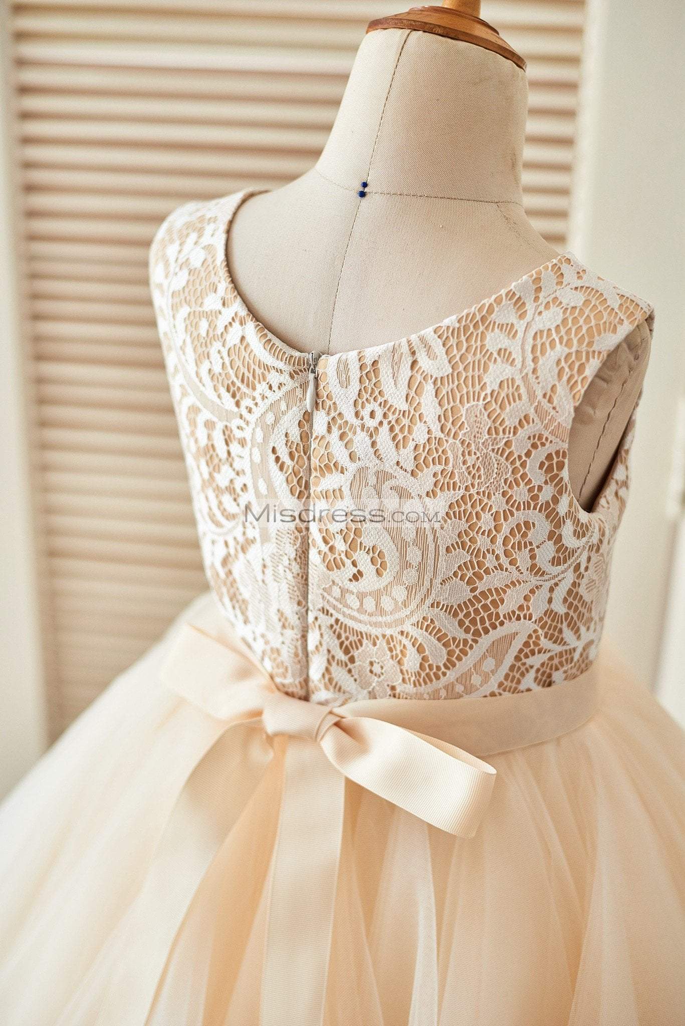 Champagne Lace Tulle Wedding Flower Girl Dress wuth Uneven Tulle Hem - Flower Girl Dresses