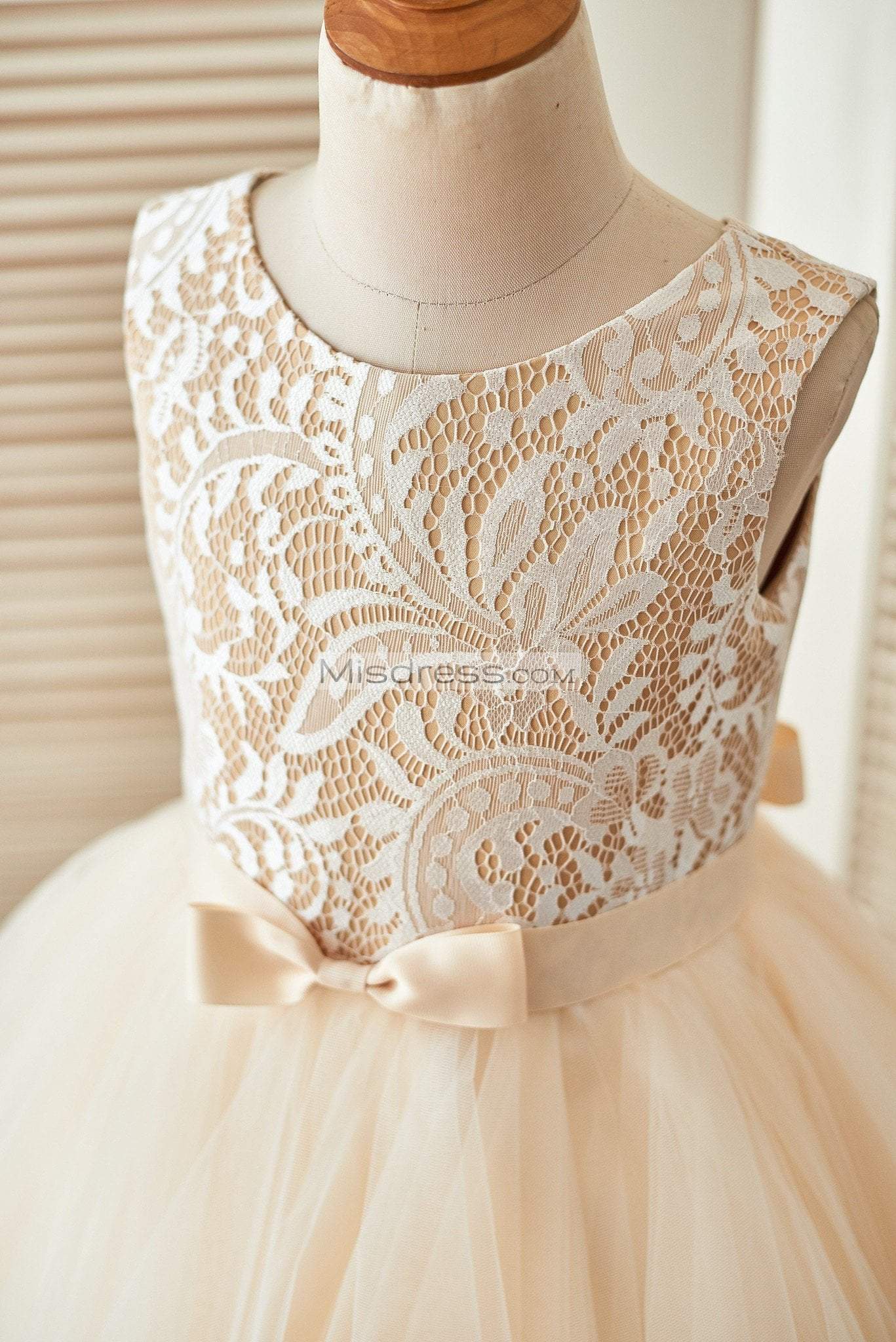Champagne Lace Tulle Wedding Flower Girl Dress wuth Uneven Tulle Hem - Flower Girl Dresses