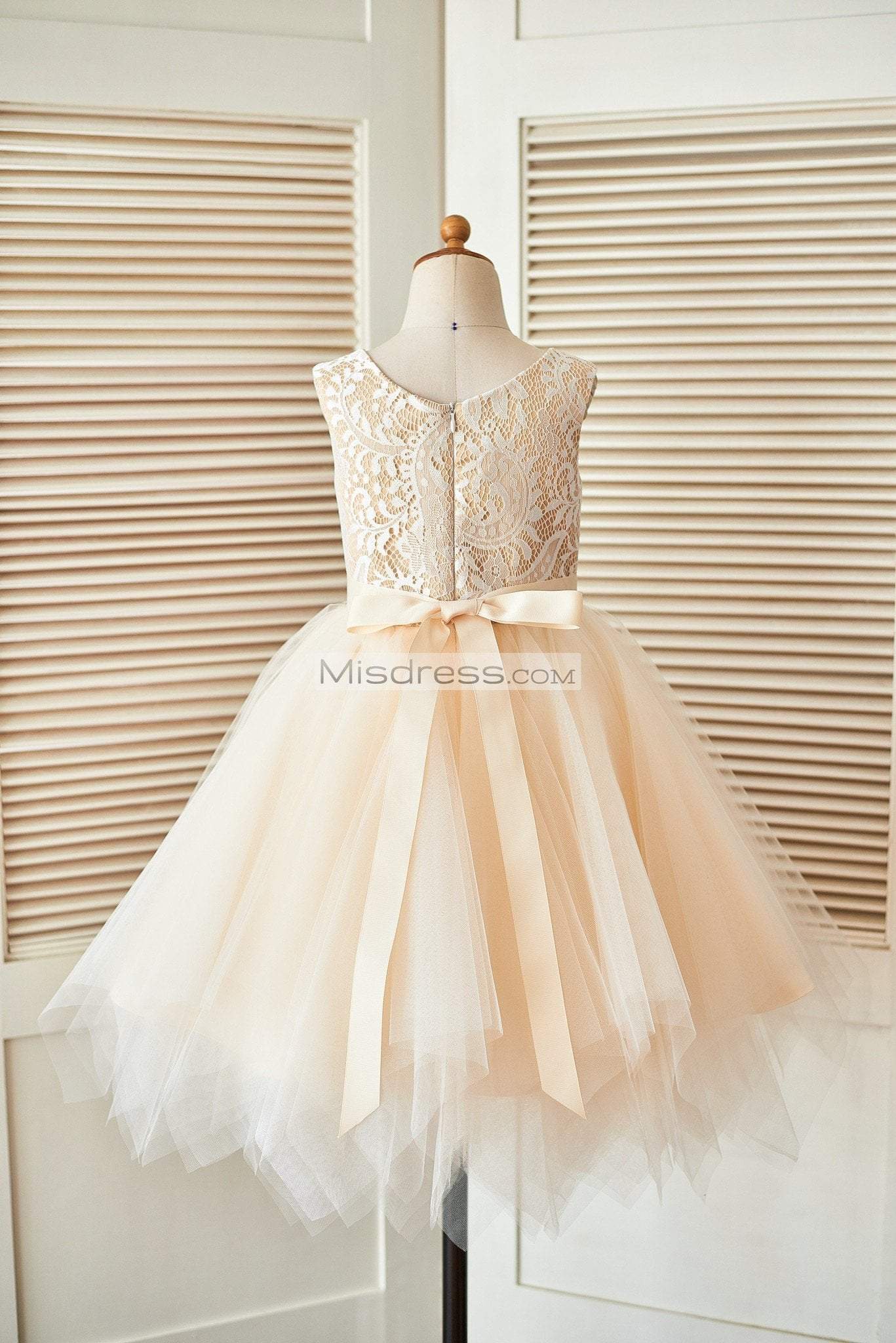 Champagne Lace Tulle Wedding Flower Girl Dress wuth Uneven Tulle Hem - Flower Girl Dresses