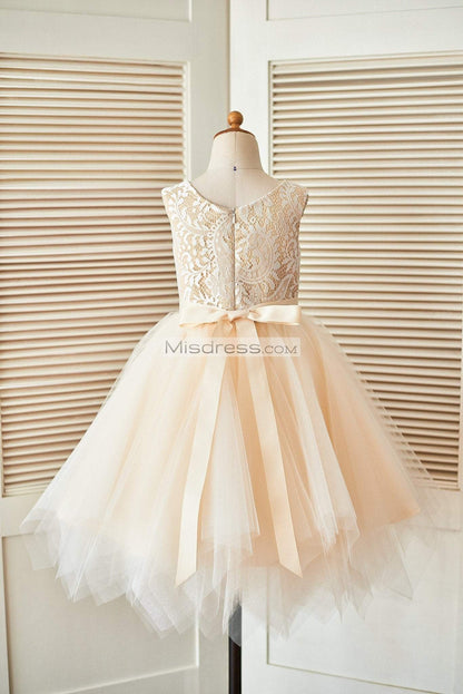 Champagne Lace Tulle Wedding Flower Girl Dress wuth Uneven Tulle Hem - Flower Girl Dresses