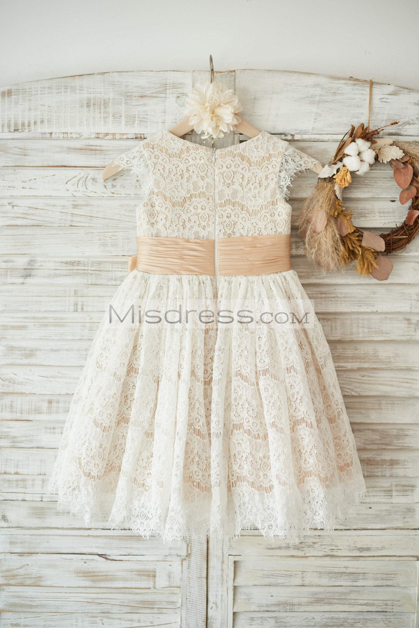 Champagne Satin Ivory Lace Cap Sleeves Wedding Flower Girl Dress with Bow Belt - Flower Girl Dresses